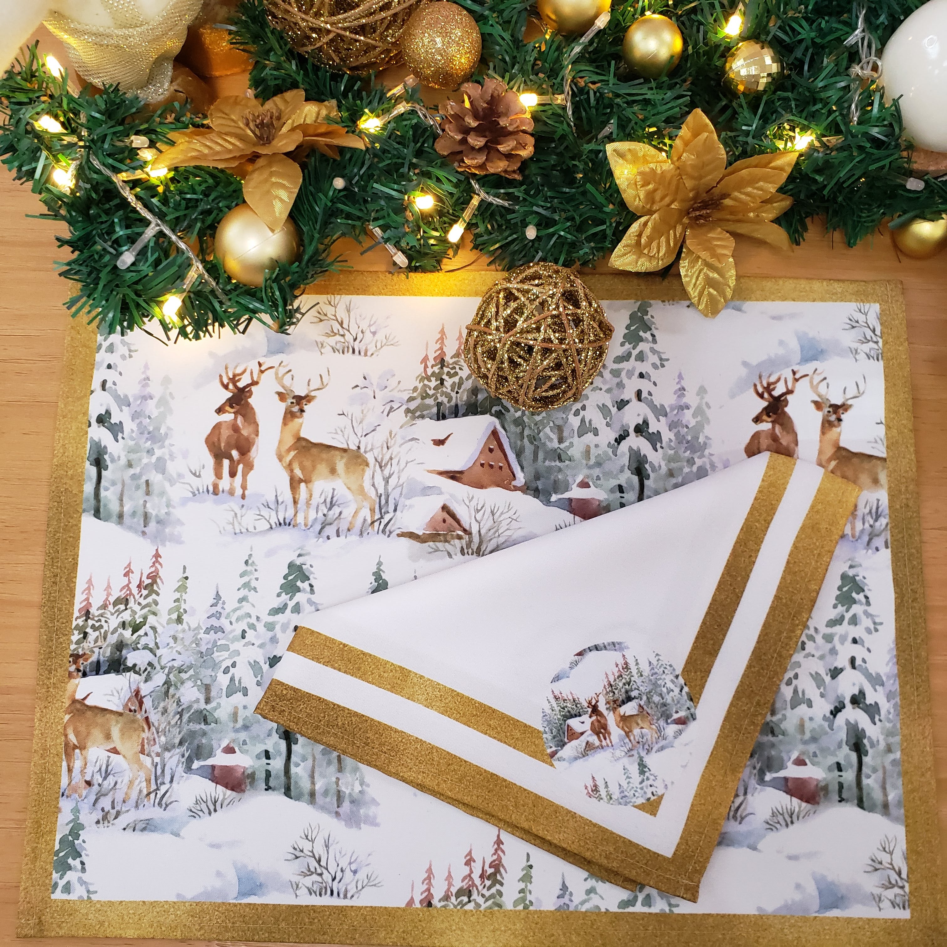 Set of 4 Placemats Christmas Reindeer Cloth Waterproof 17