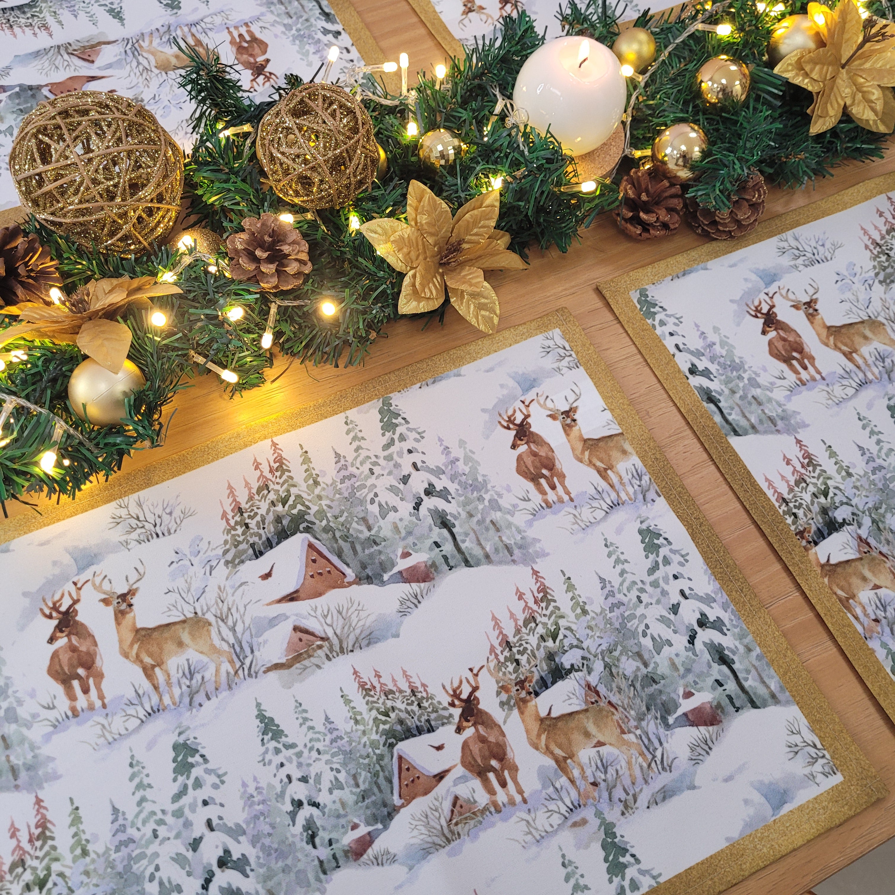 Set of 4 Placemats Christmas Reindeer Cloth Waterproof 17