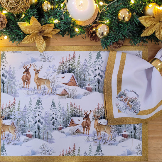 Set of 4 Placemats Christmas Reindeer Cloth Waterproof 17" by 13"  - Gold