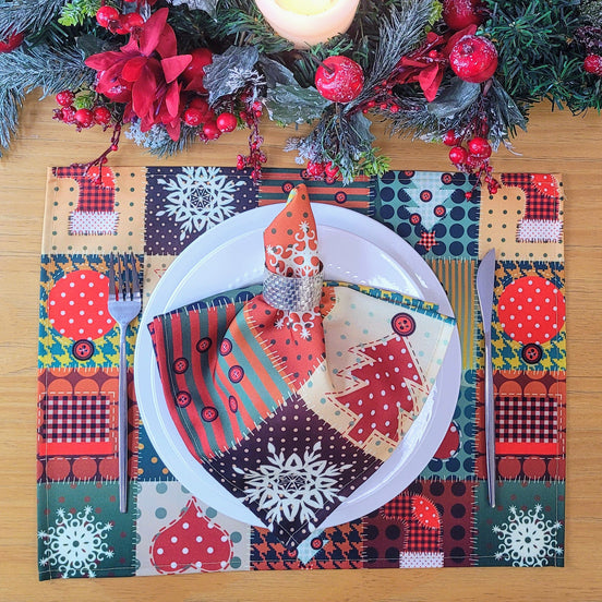 Set of 4 Placemats Christmas Patchwork Cloth Waterproof 17" by 13" - Green