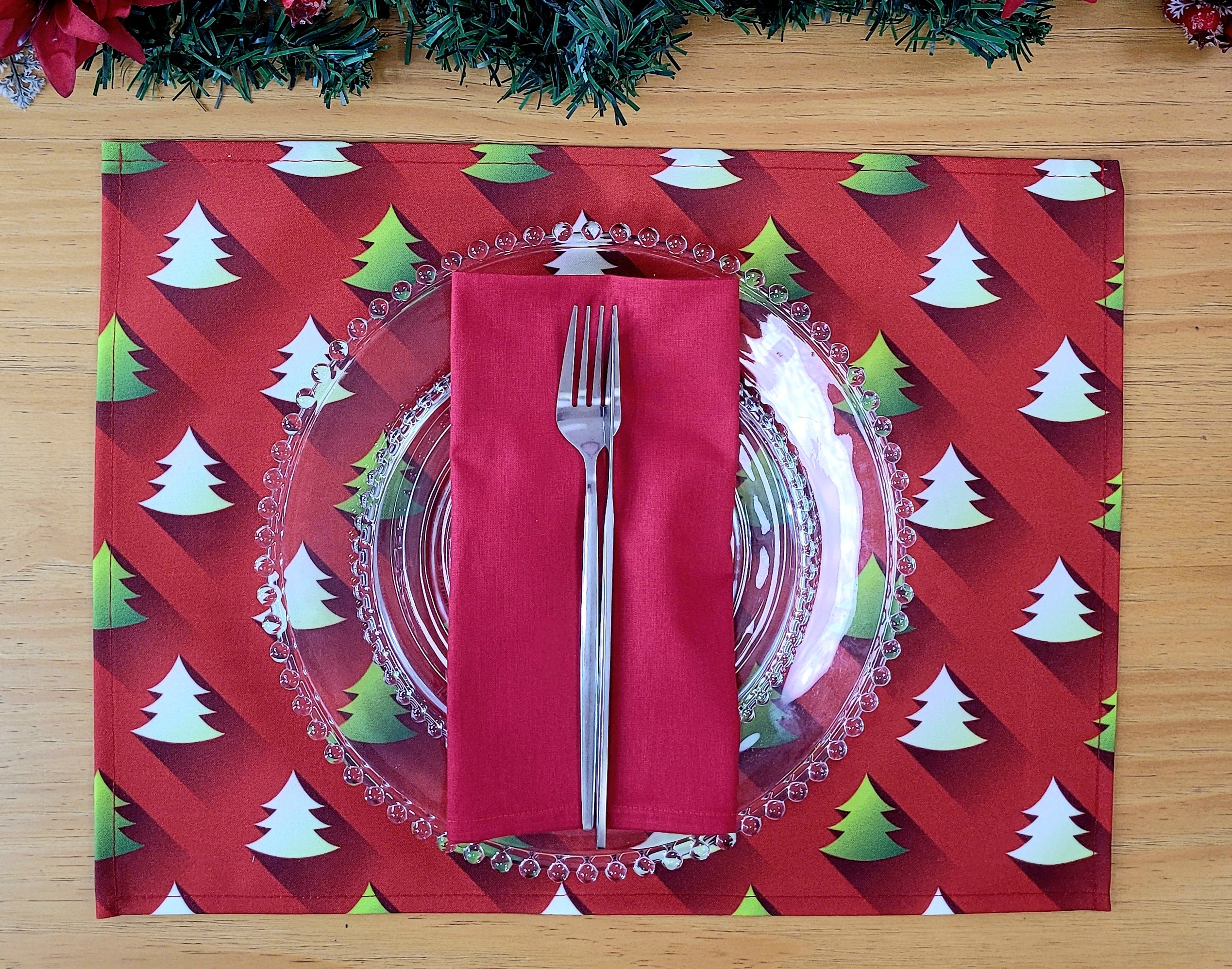 Set of 4 Placemats Green Degrade Christmas Tree Cloth Waterproof 17