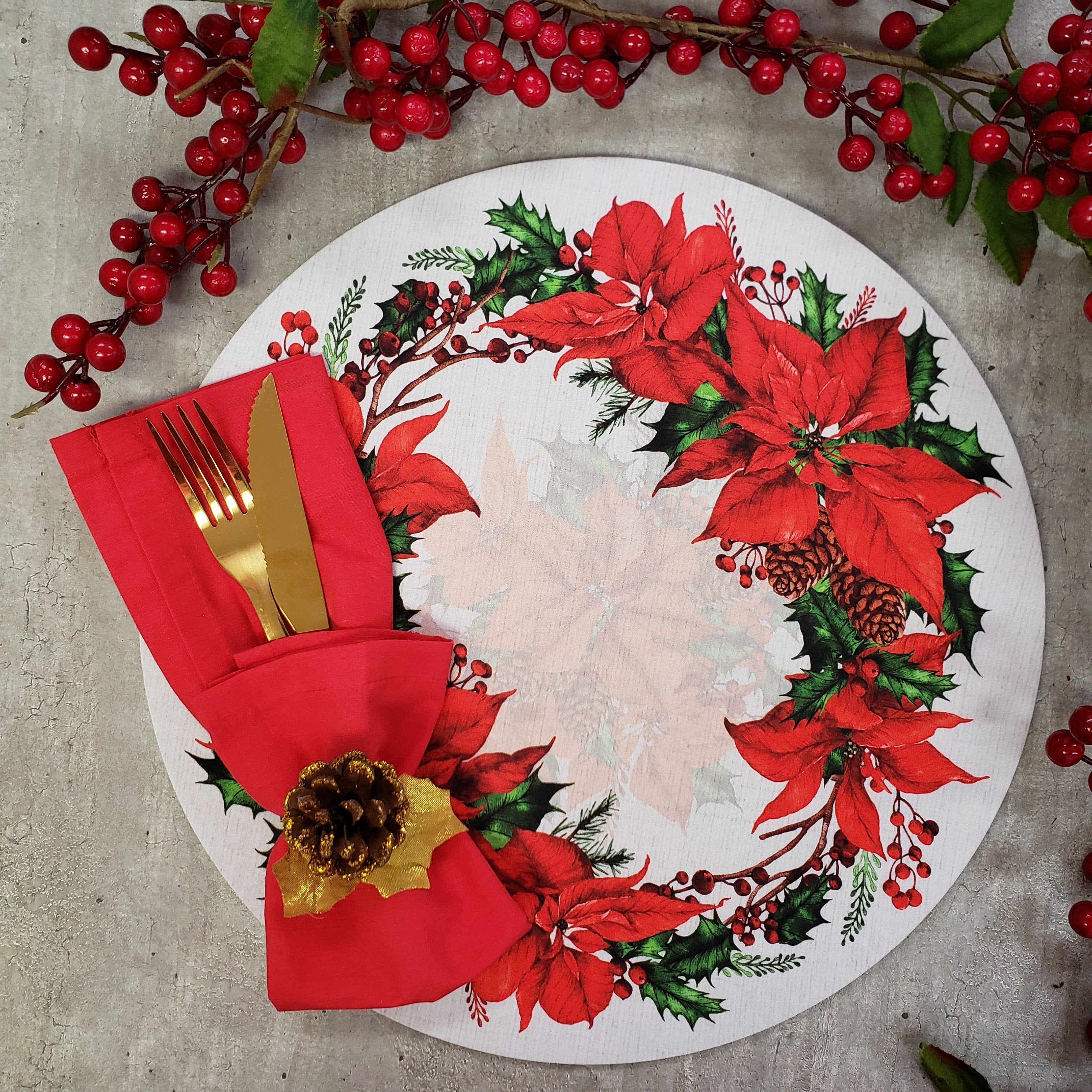 Set of 4 Round Placemats Covers Christmas Flower Cloth 14