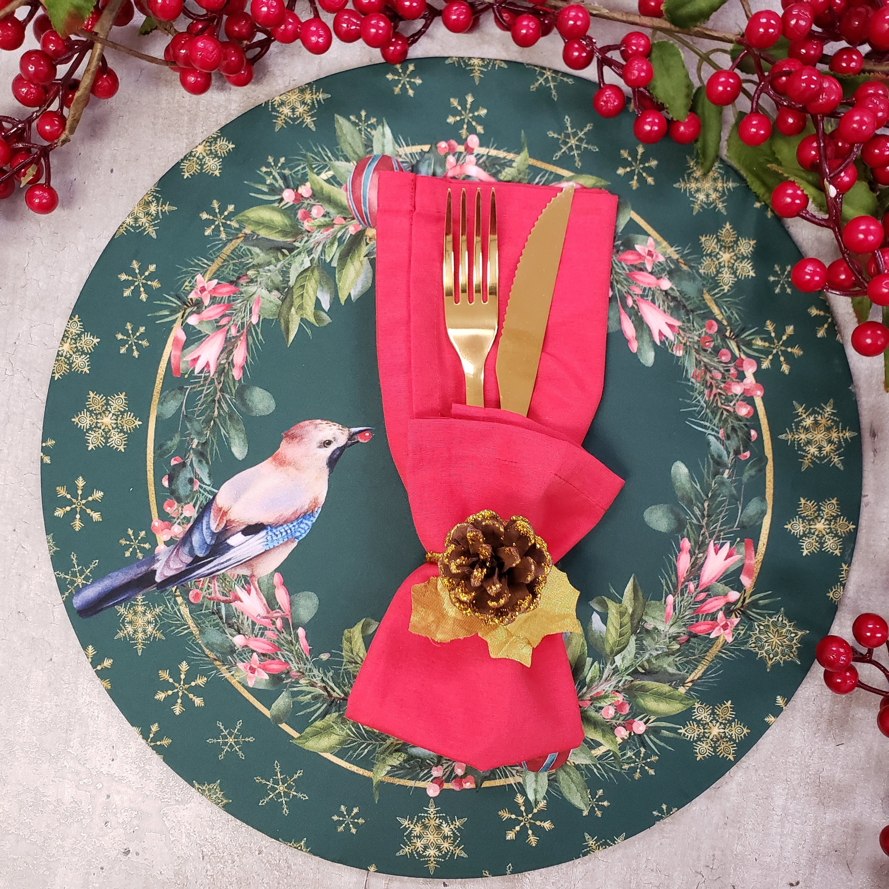 Maison Charlô | Set of 4 Round Placemats Covers Christmas Bird Cloth 14
