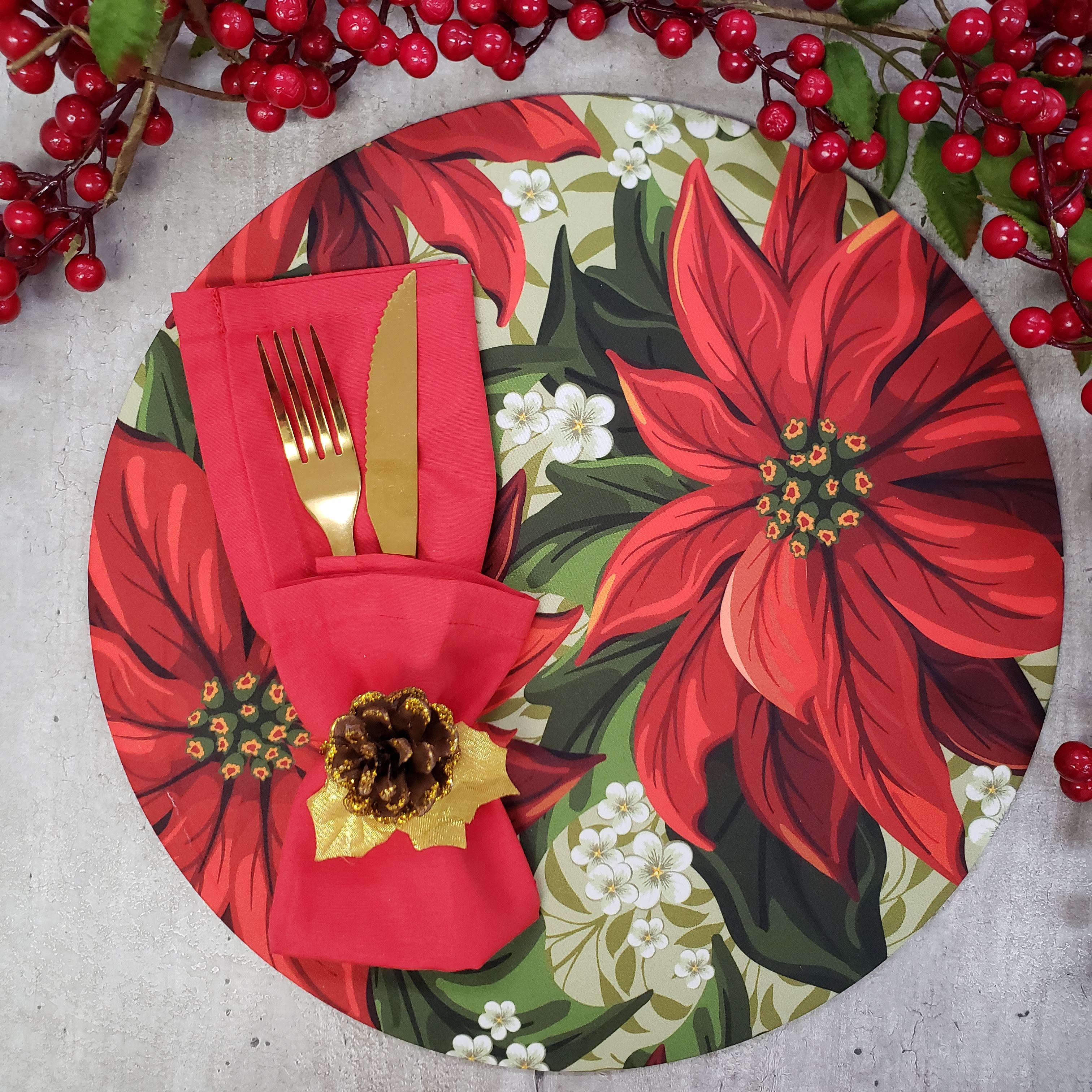 Set of 4 Round Placemats Covers Christmas Big Red Flower Cloth 14