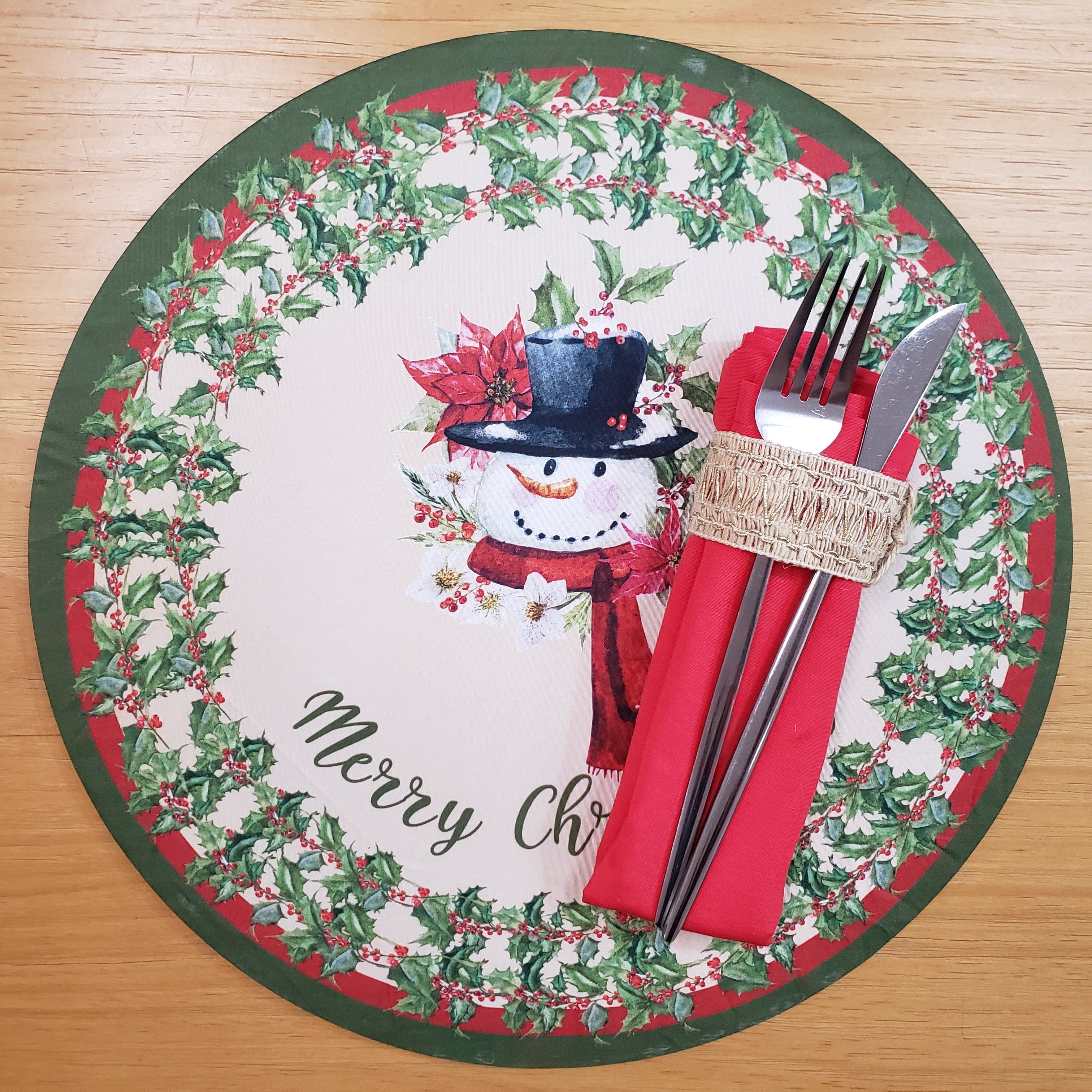 Set of 4 Round Placemats Covers Christmas Snowman Cloth 14