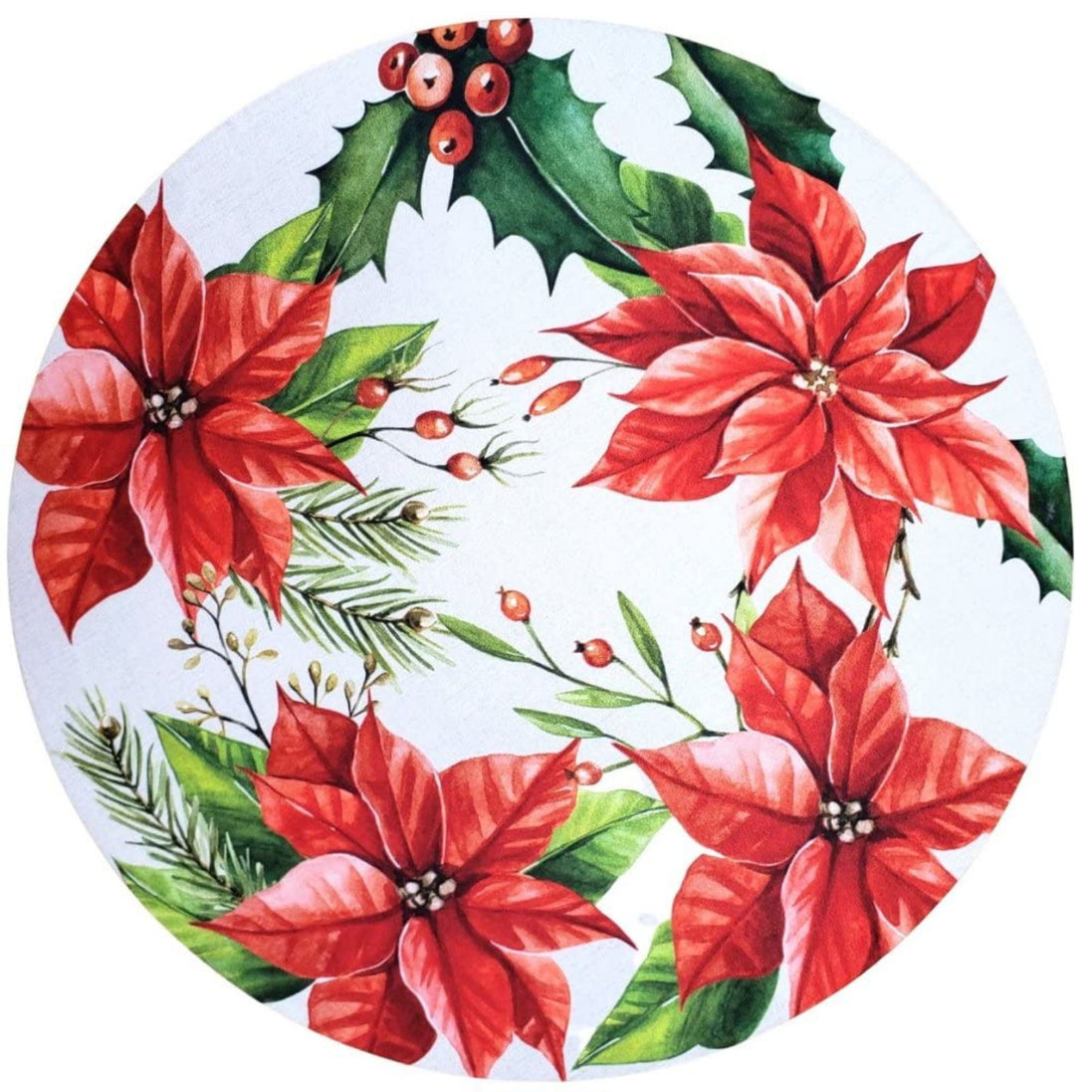 Set of 4 Round Placemats Covers Red Christmas Flower 14" Dia Synthetic | Red