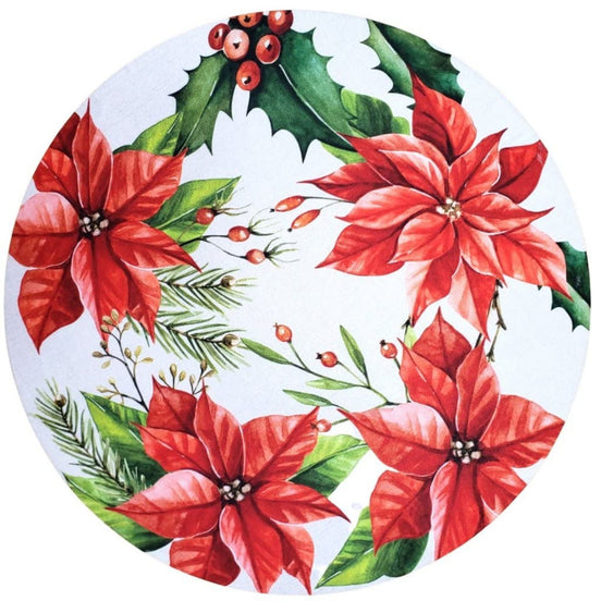 Set of 4 Round Placemats Covers Red Christmas Flower 14" Dia Synthetic | Red