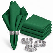 Maison Charlo Set of 4 Green Basic Cloth Napkins 16 × 16 in with Silver Stretchable Napkin Rings