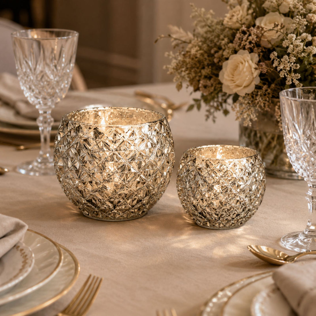 Champagne Silver Glass Candle Holder – Round Decorative Votive 3.15 in dia 3.15"h