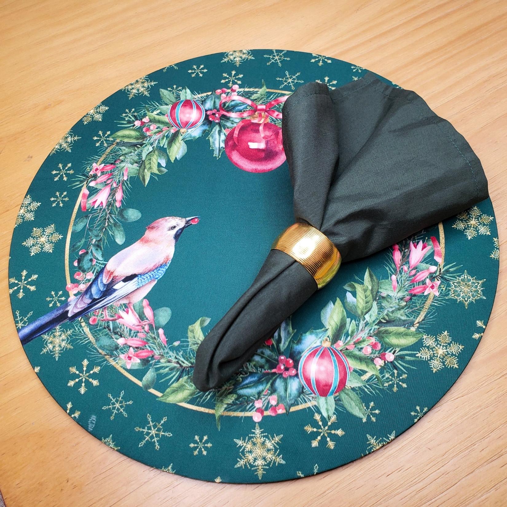 Maison Charlô | Set of 4 Round Placemats Covers Christmas Bird Cloth 14