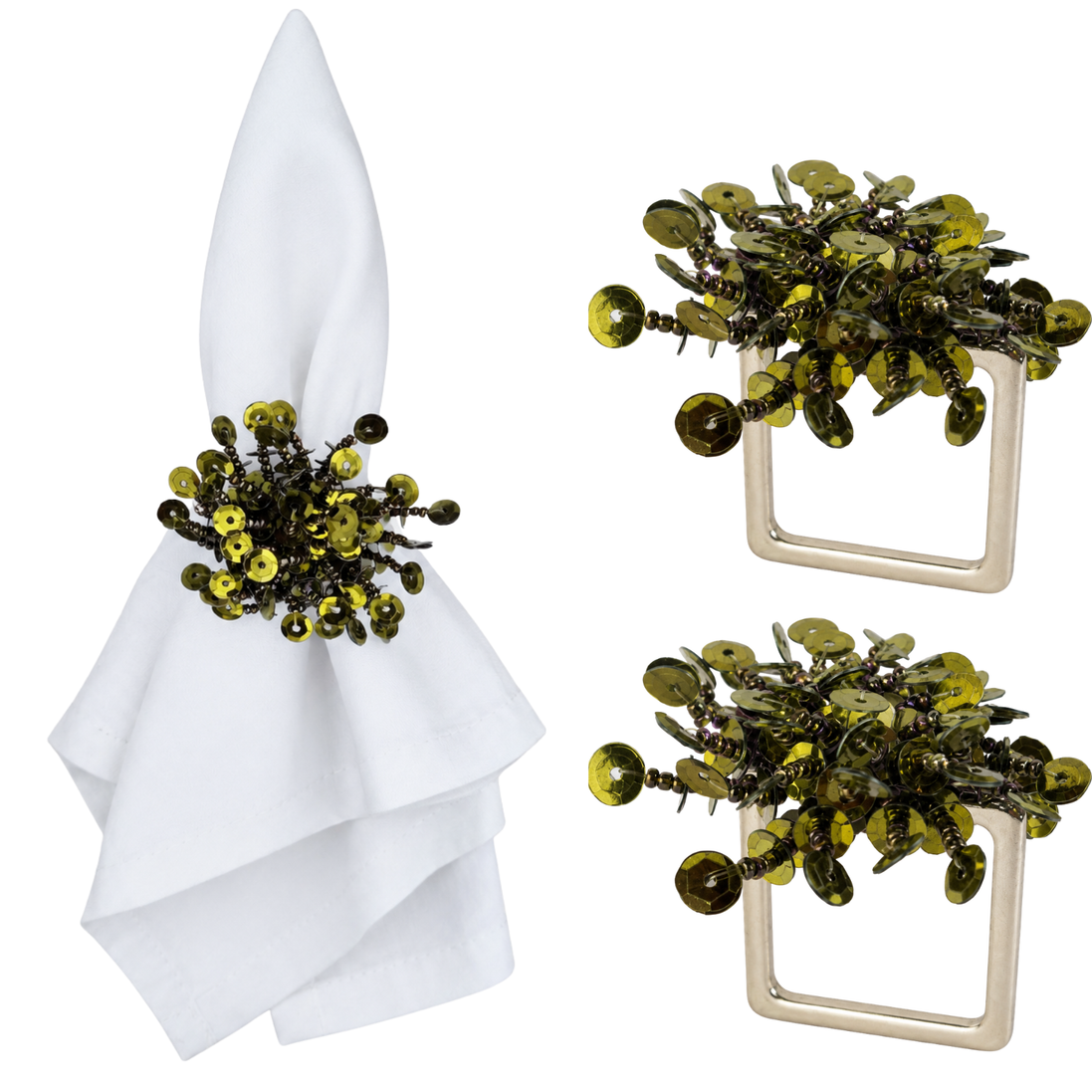 Maison Charlo Set of 2 Green Flower Noir Sequin Napkin Rings