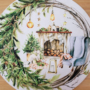 Set of 4 Round Placemats Covers Wreath Fireplace Christmas Cloth 14
