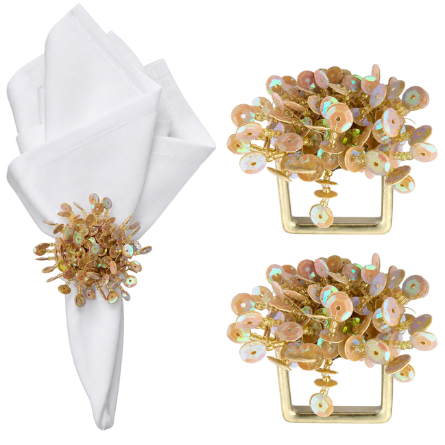 Maison Charlo Set of 2 Nude Flower Noir Sequin Napkin Rings