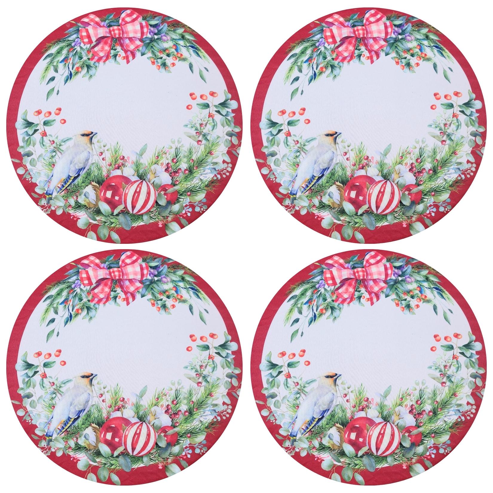Maison Charlo Set of 4 Round Placemats Covers Christmas Bird Cloth 14