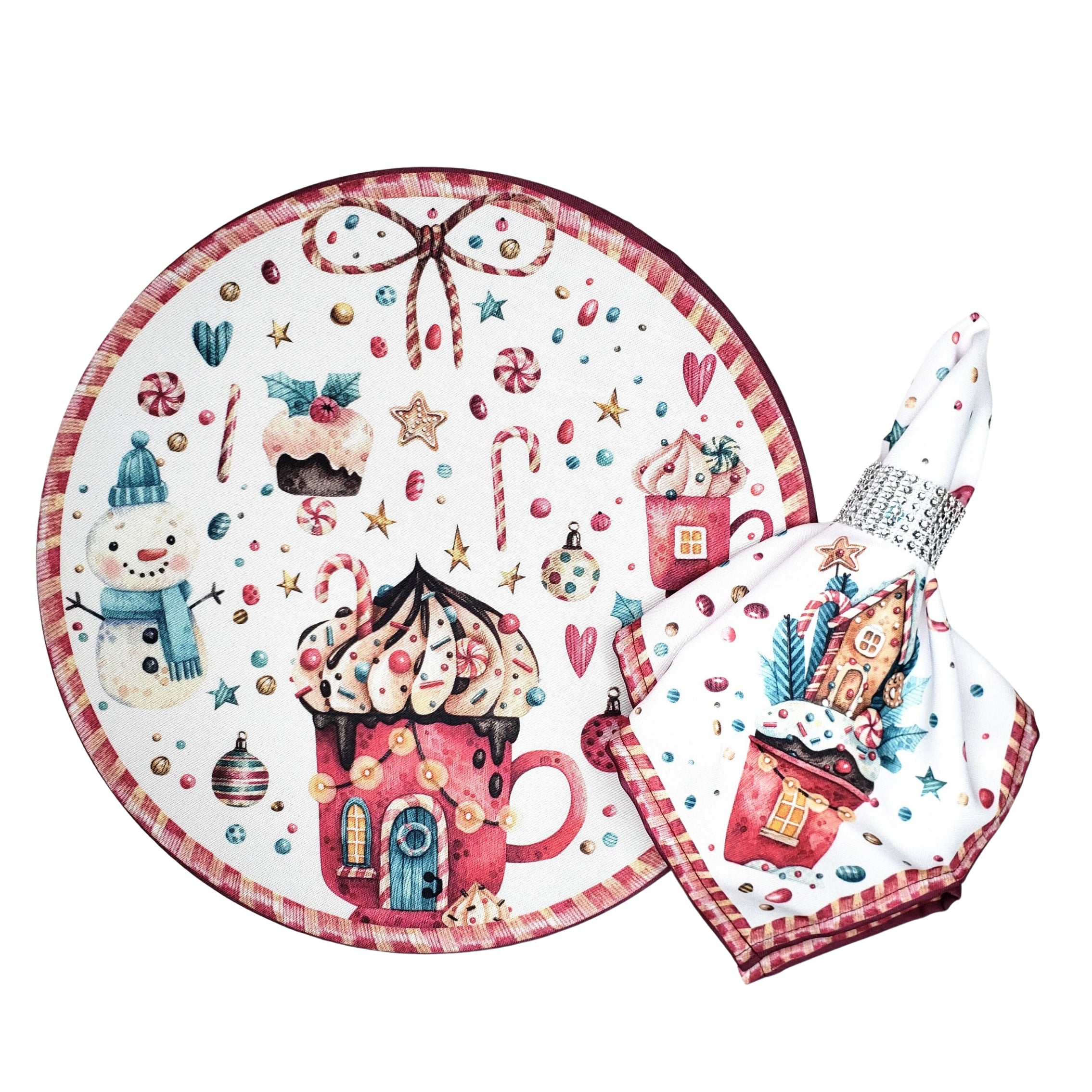 Set of 4 Round Placemats Covers Christmas Candy Cloth 14