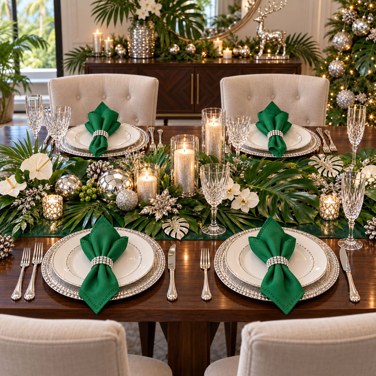 Maison Charlo Set of 4 Green Basic Cloth Napkins 16 × 16 in with Silver Stretchable Napkin Rings