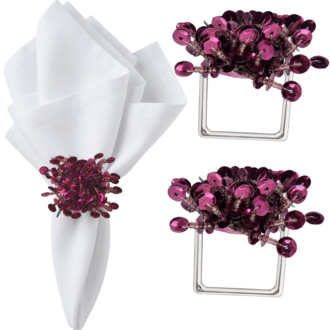 Maison Charlo Set of 2 Pink Flower Noir Sequin Napkin Rings