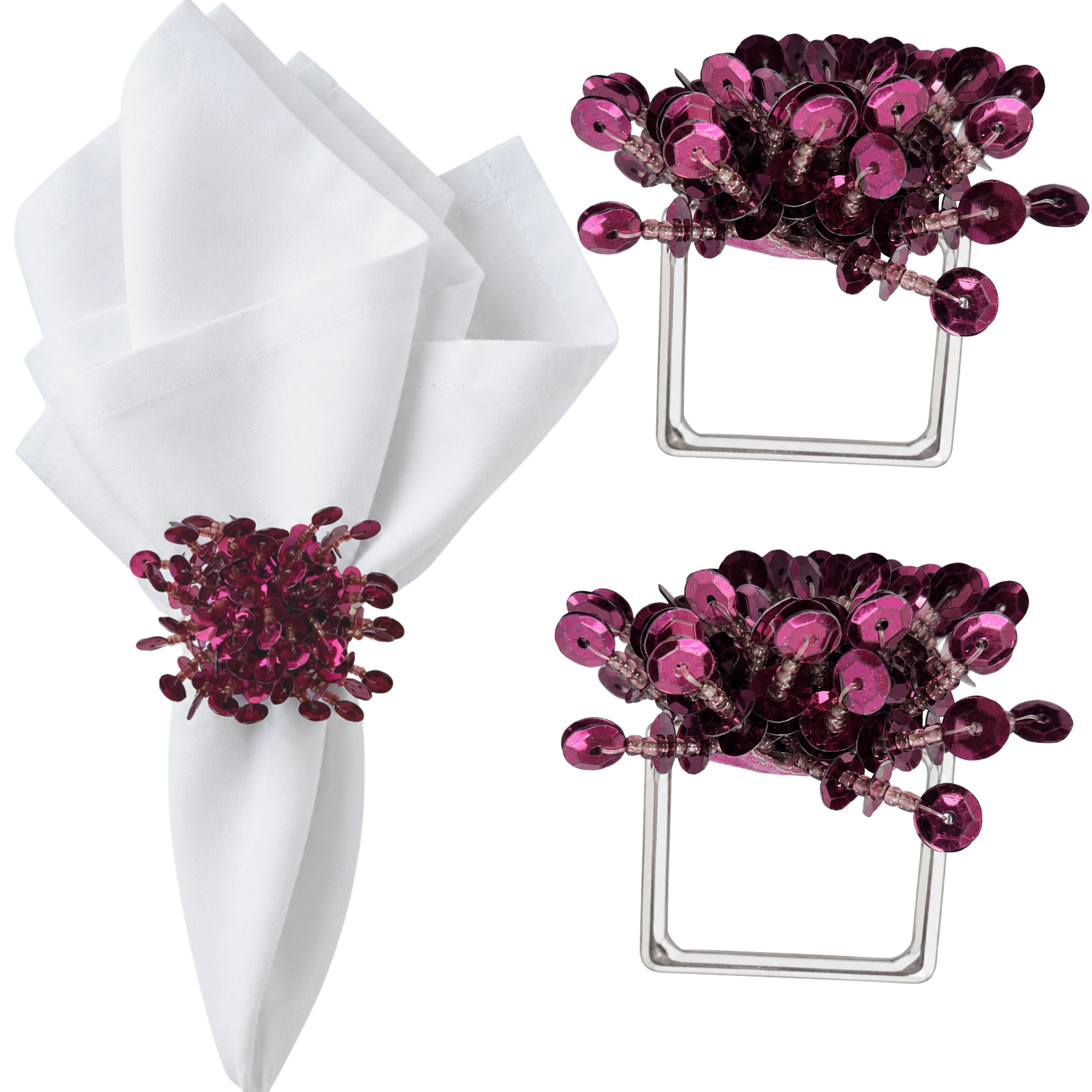 Maison Charlo Set of 2 Pink Flower Noir Sequin Napkin Rings