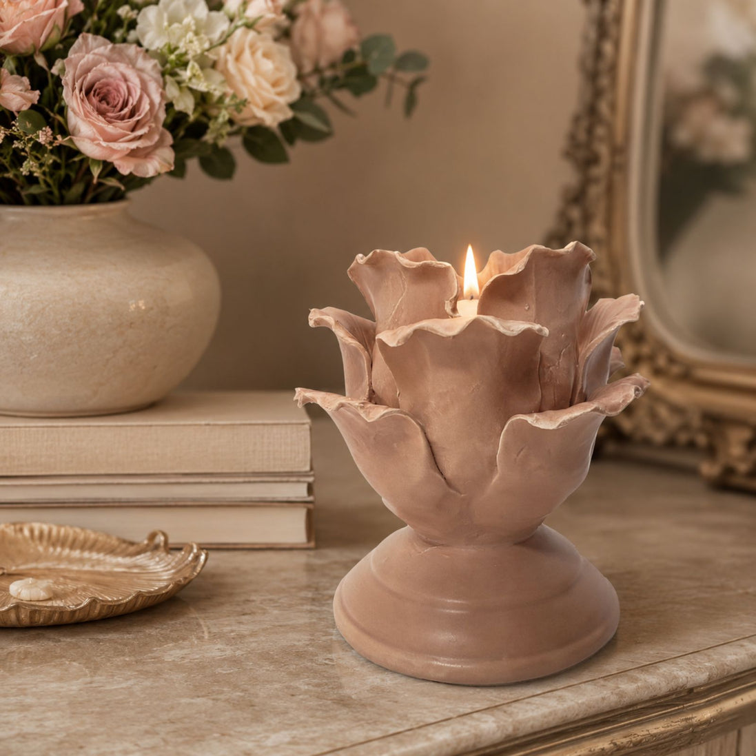 Pink Vintage Romantic Handmade Ceramic Candle Holder 3" x 4"