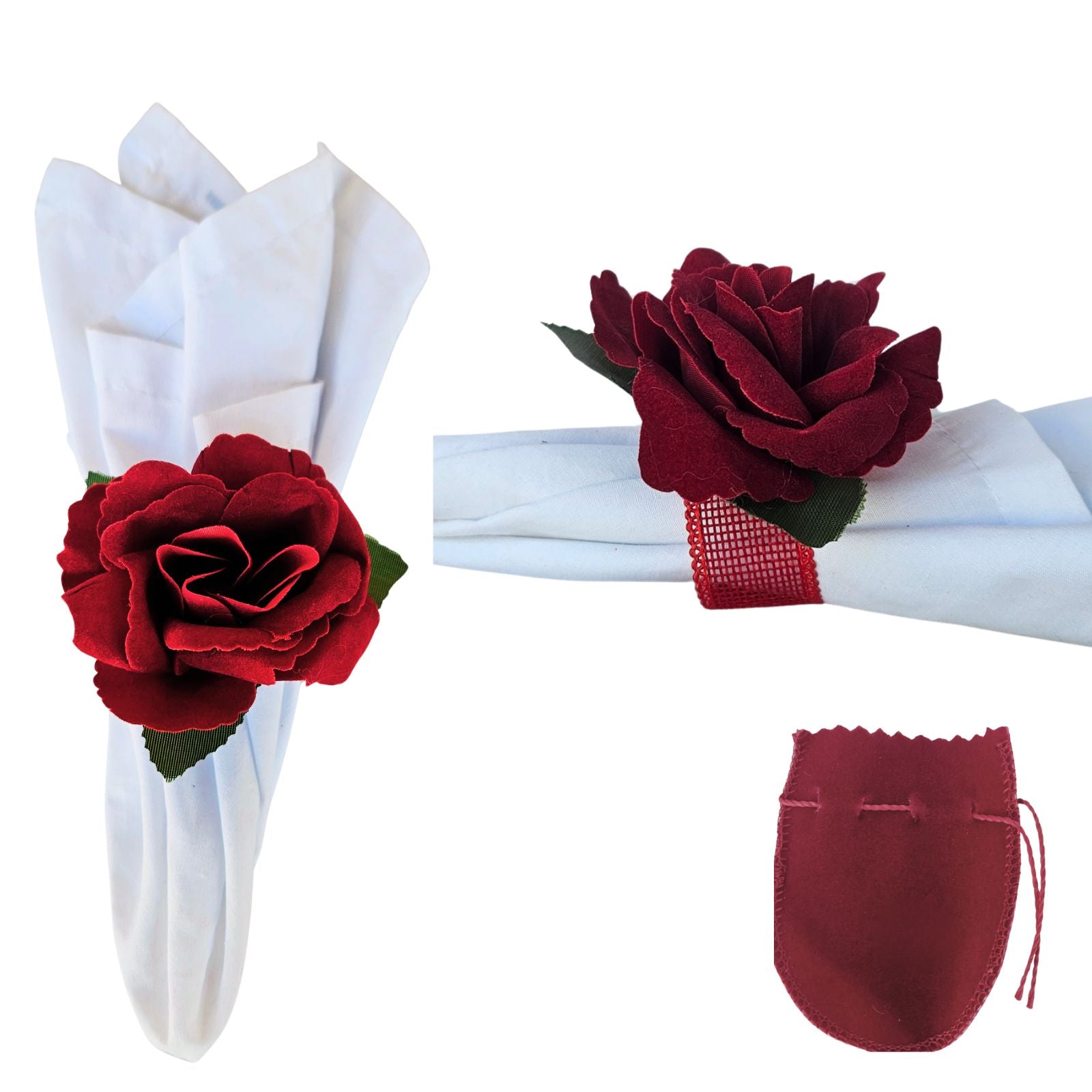Maison Charlo Set of 2 Velvet Red Rosebud Napkin Rings with Velvet Jewelry Pouch