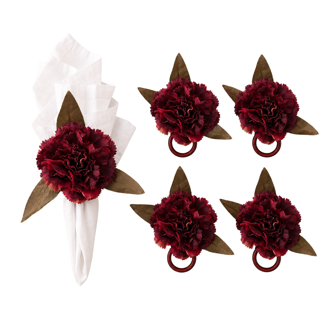 Maison Charlo Burgundy Carnation Flower Napkin Rings Set of 4, Floral Napkin Ring Holders