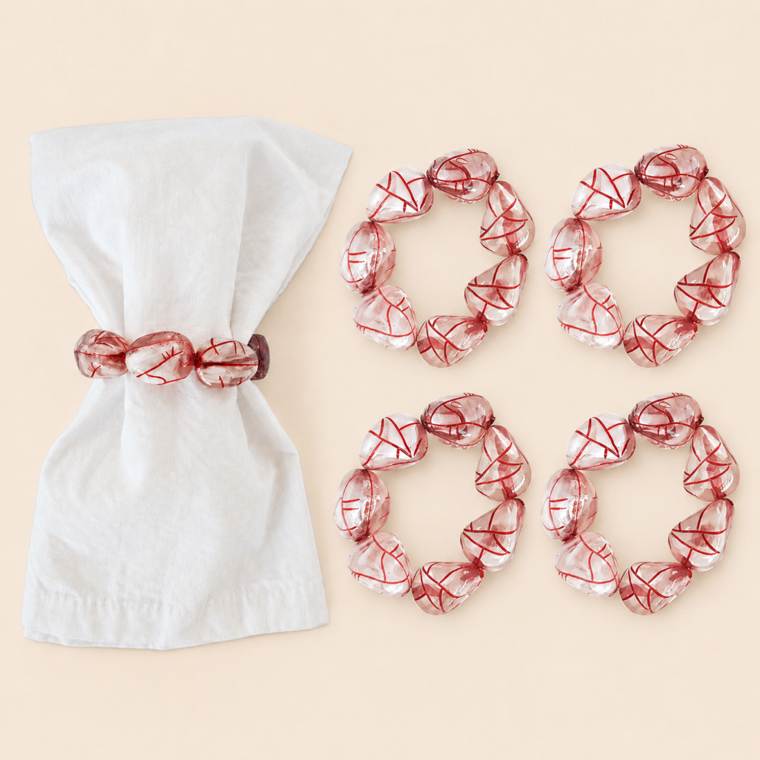 Maison Charlo Set of 4 Red Swirl Beaded Napkin Rings