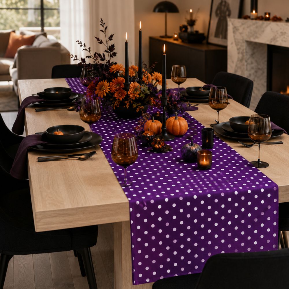 Charlo's Cotton Table Runner Purple White Polka Dot 18" x 59"
