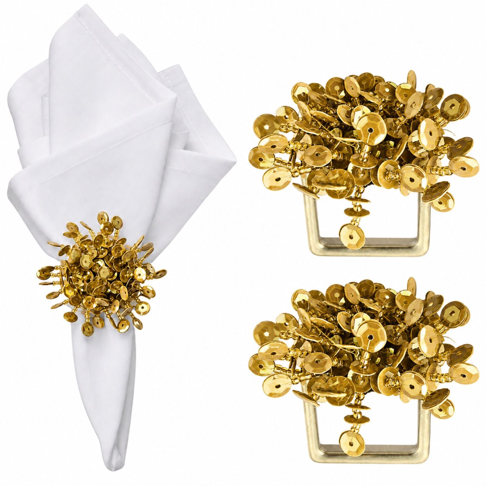 Maison Charlo Set of 2 Gold Flower Noir Sequin Napkin Rings
