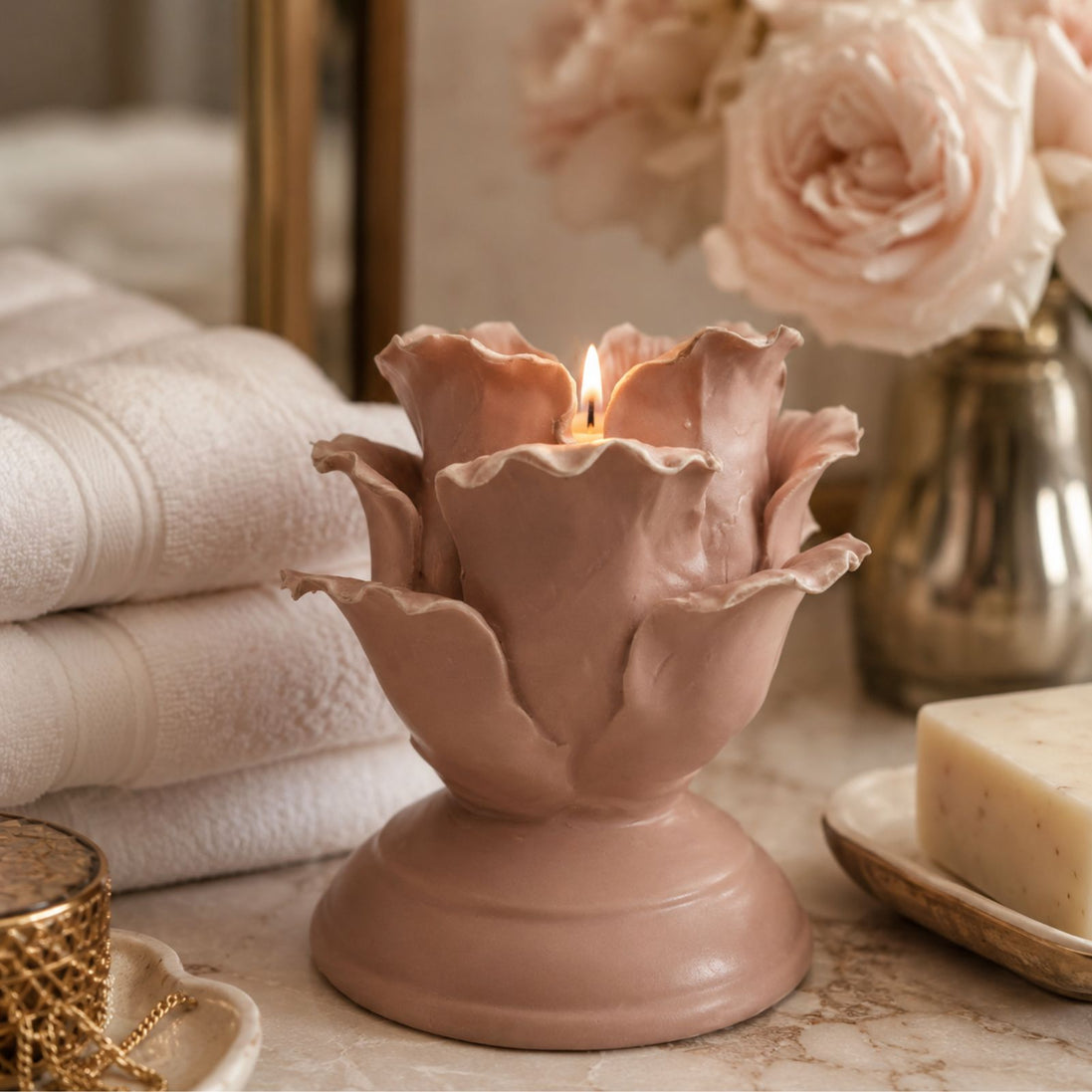 Pink Vintage Romantic Handmade Ceramic Candle Holder 3" x 4"