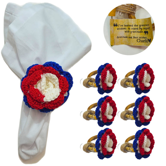 Charlo's Tricolor Patriot Crochet Message Napkin Rings Good Vibes Funny for 4th July Dinner Table Decor