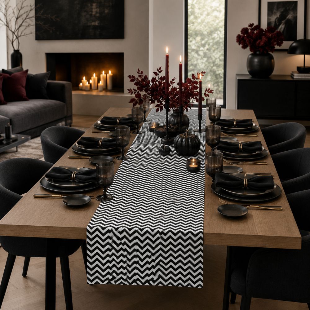 Charlo's Cotton Table Runner Black Grey Chevron  18
