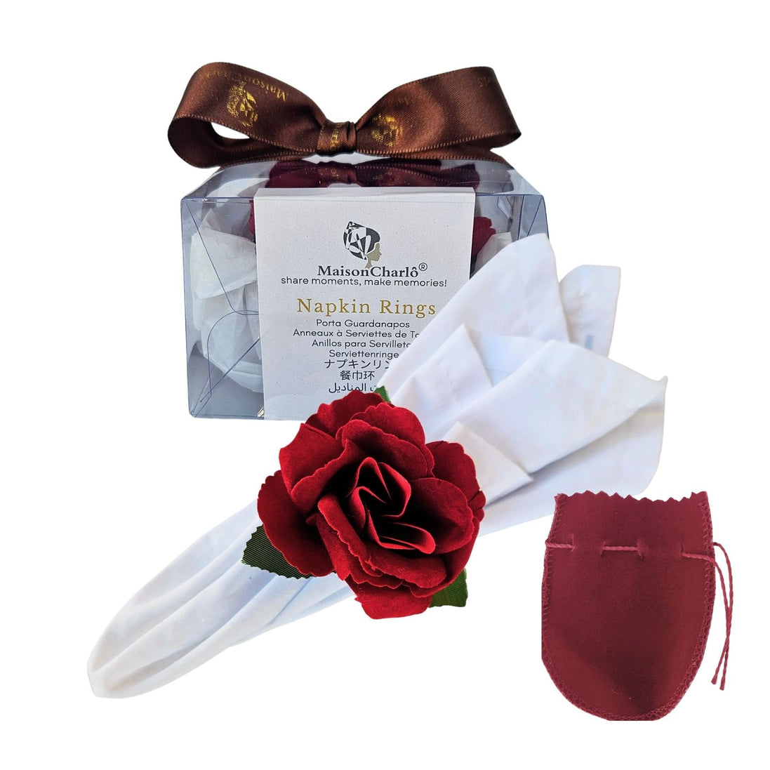 Maison Charlo Set of 2 Velvet Red Rosebud Napkin Rings with Velvet Jewelry Pouch