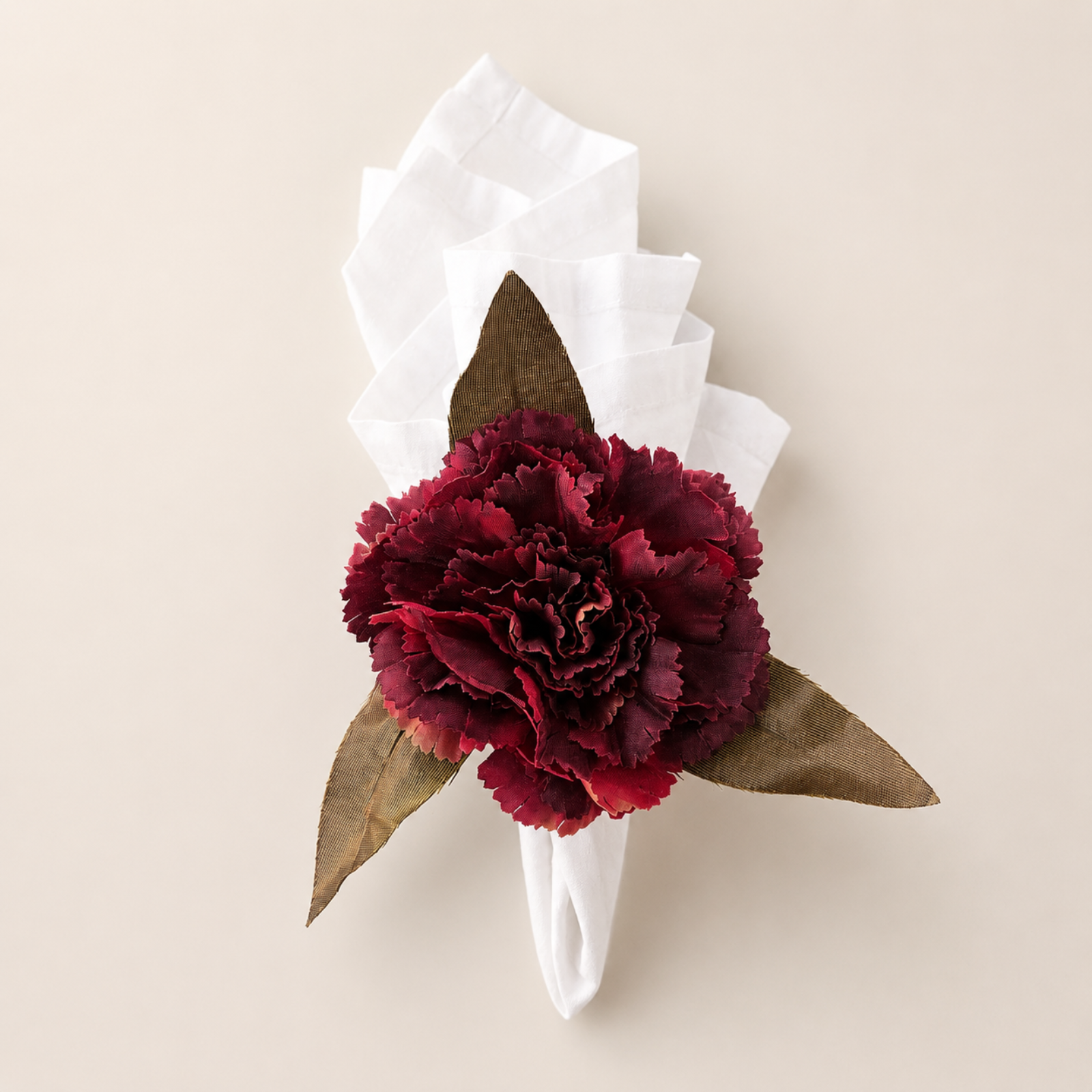 Maison Charlo Burgundy Carnation Flower Napkin Rings Set of 4, Floral Napkin Ring Holders