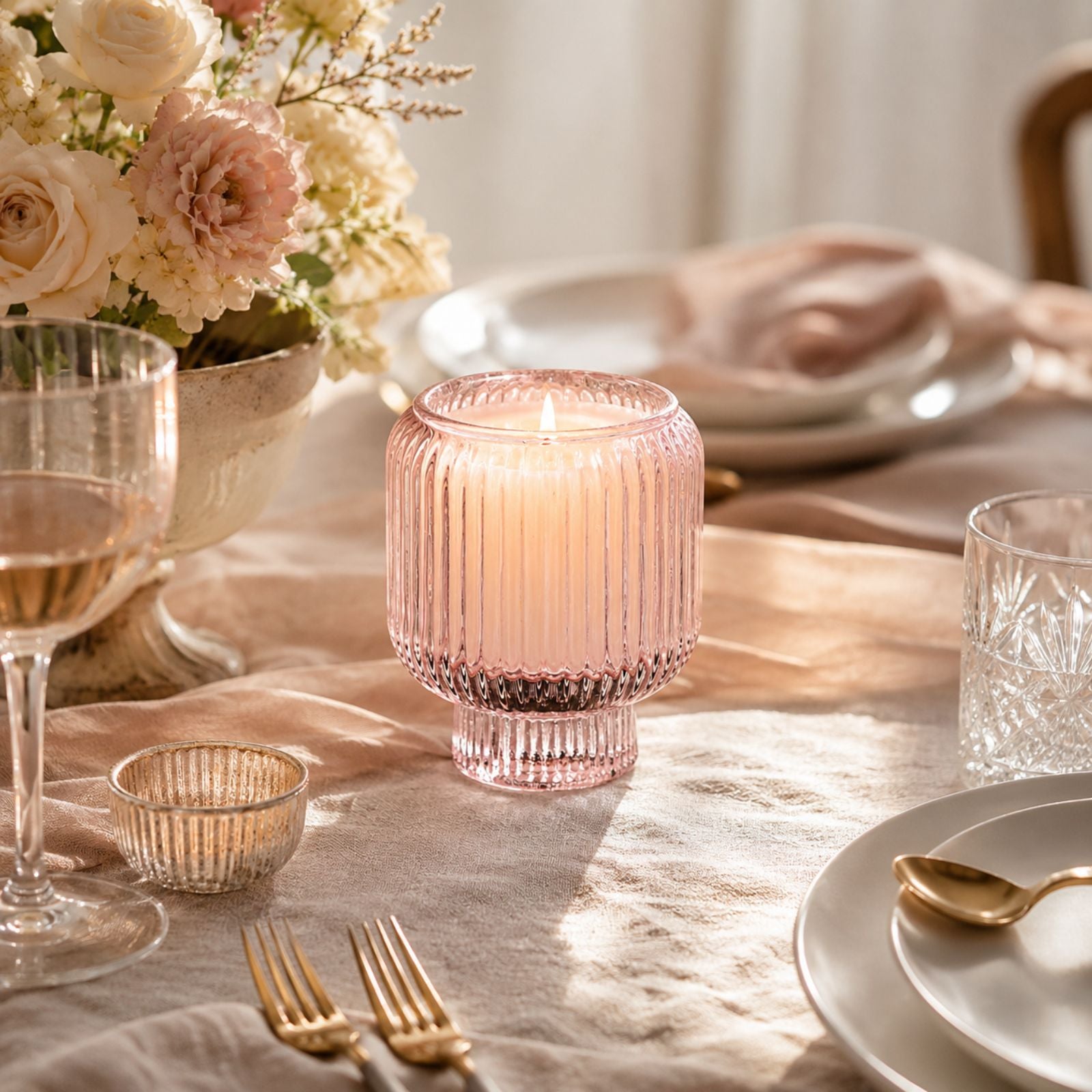 Pink Ribbed Glass Candle Holder – Transparent Decorative Votive