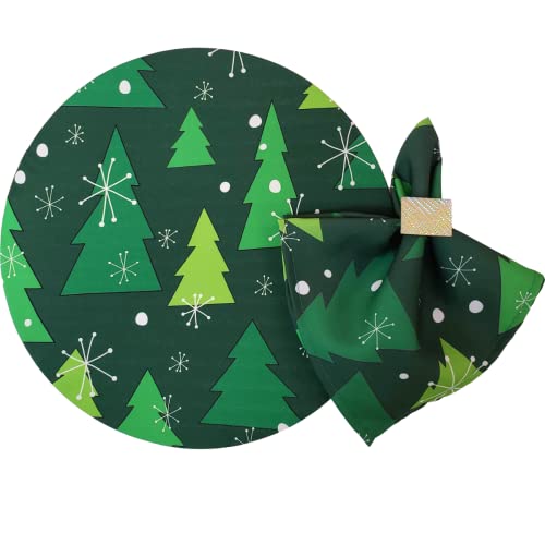 Set of 4 Round Placemats Covers Green Christmas Tree Cloth 14