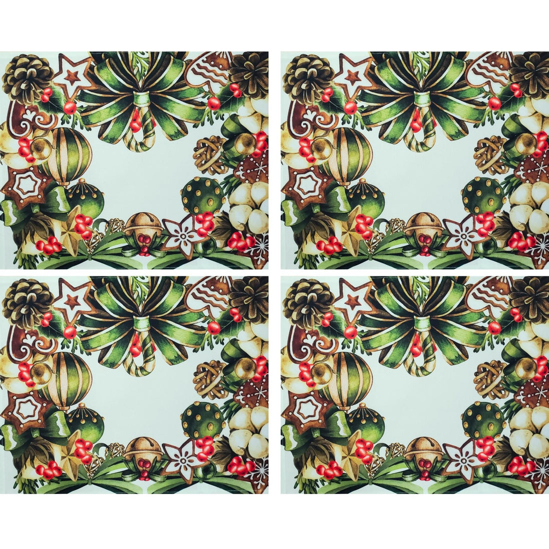 Set of 4 Placemats Beige Christmas Bow Wreath Cloth Waterproof 17" by 13"