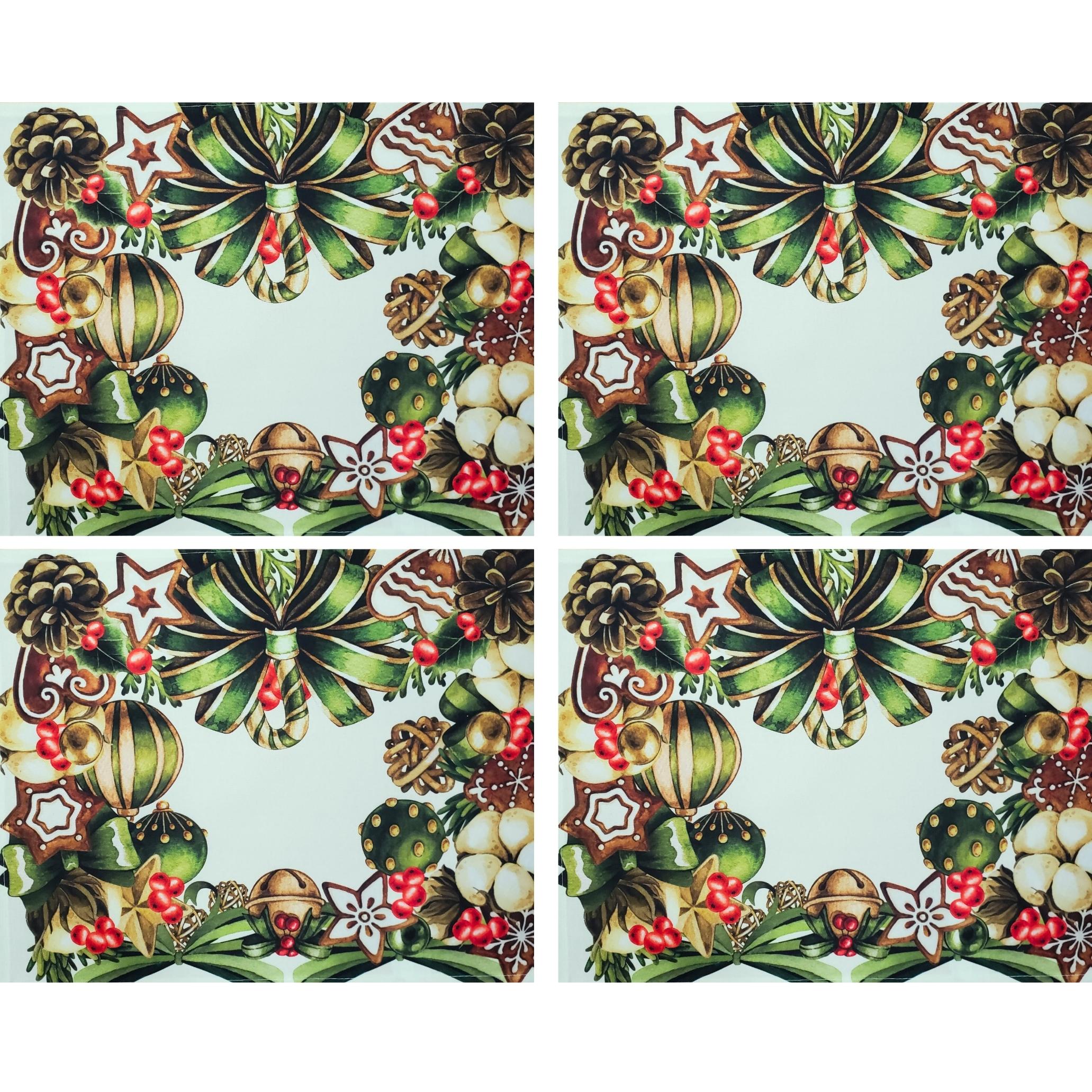Set of 4 Placemats Beige Christmas Bow Wreath Cloth Waterproof 17