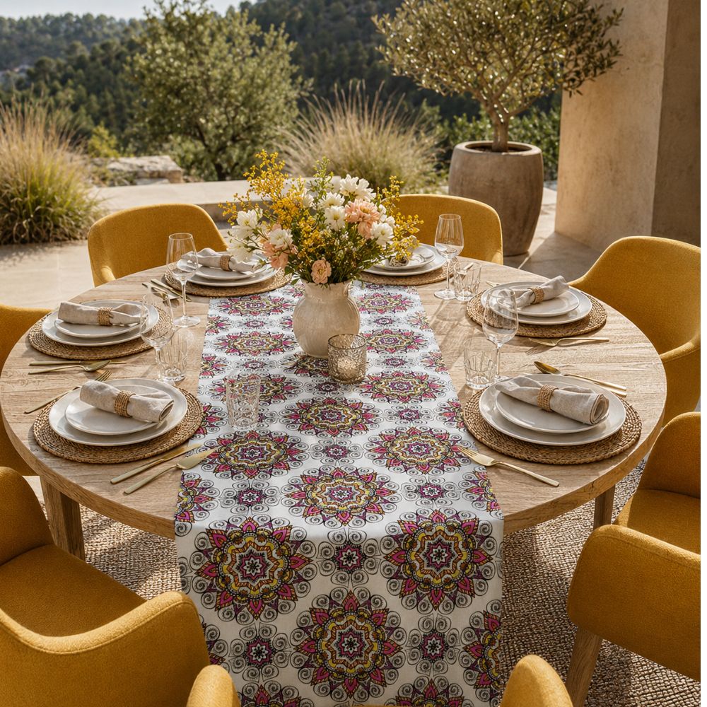Charlo's Cotton Mandala Table Runner White 18" x 59"