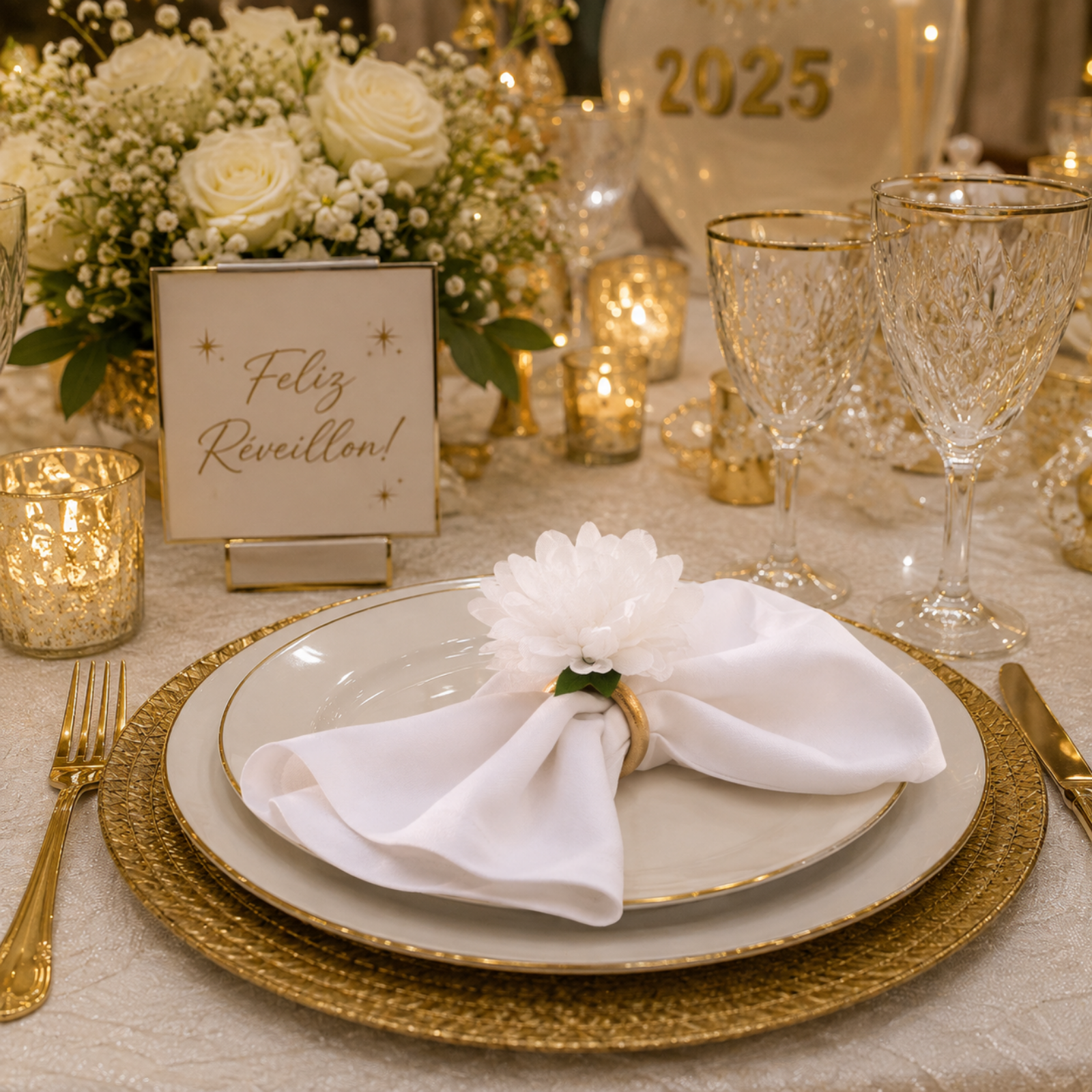 Maison Charlo Set of 12 White Snow Chrysanthemum Napkin Rings
