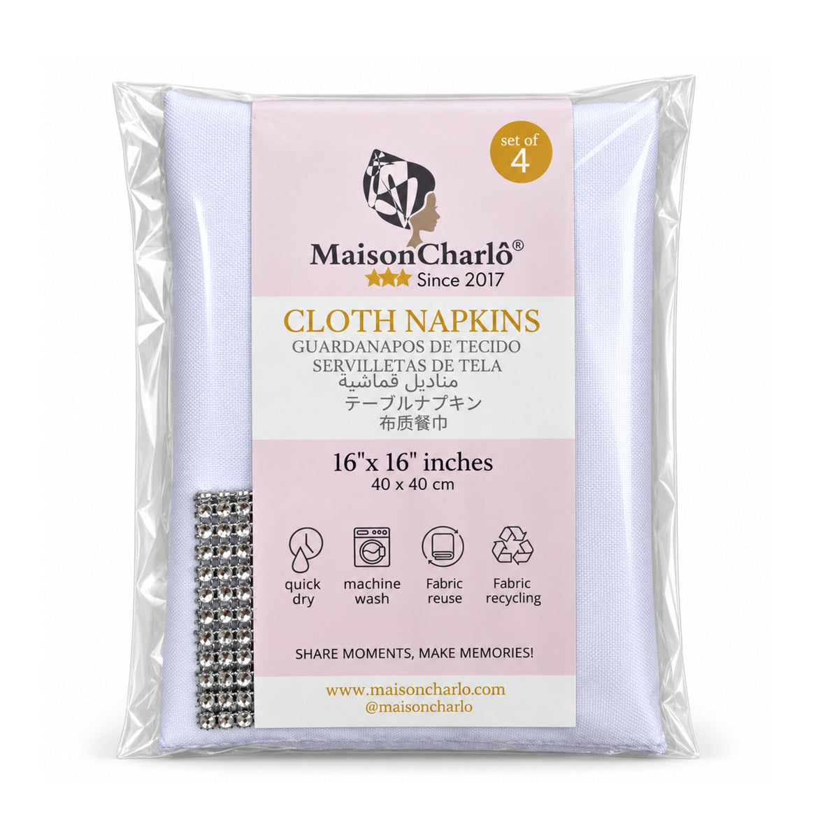 Maison Charlo Set of 4 White Basic Cloth Napkins 16 × 16 in with Silver Stretchable Napkin Rings