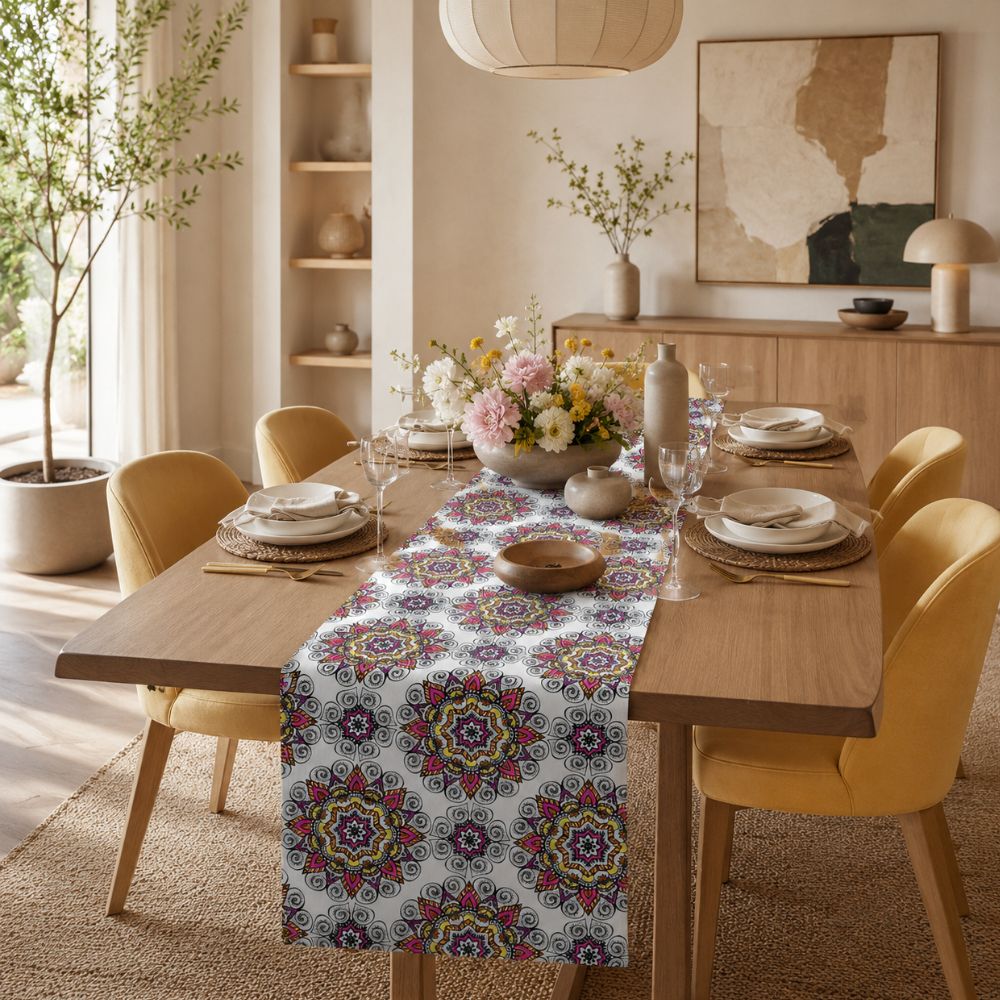 Charlo's Cotton Mandala Table Runner White 18