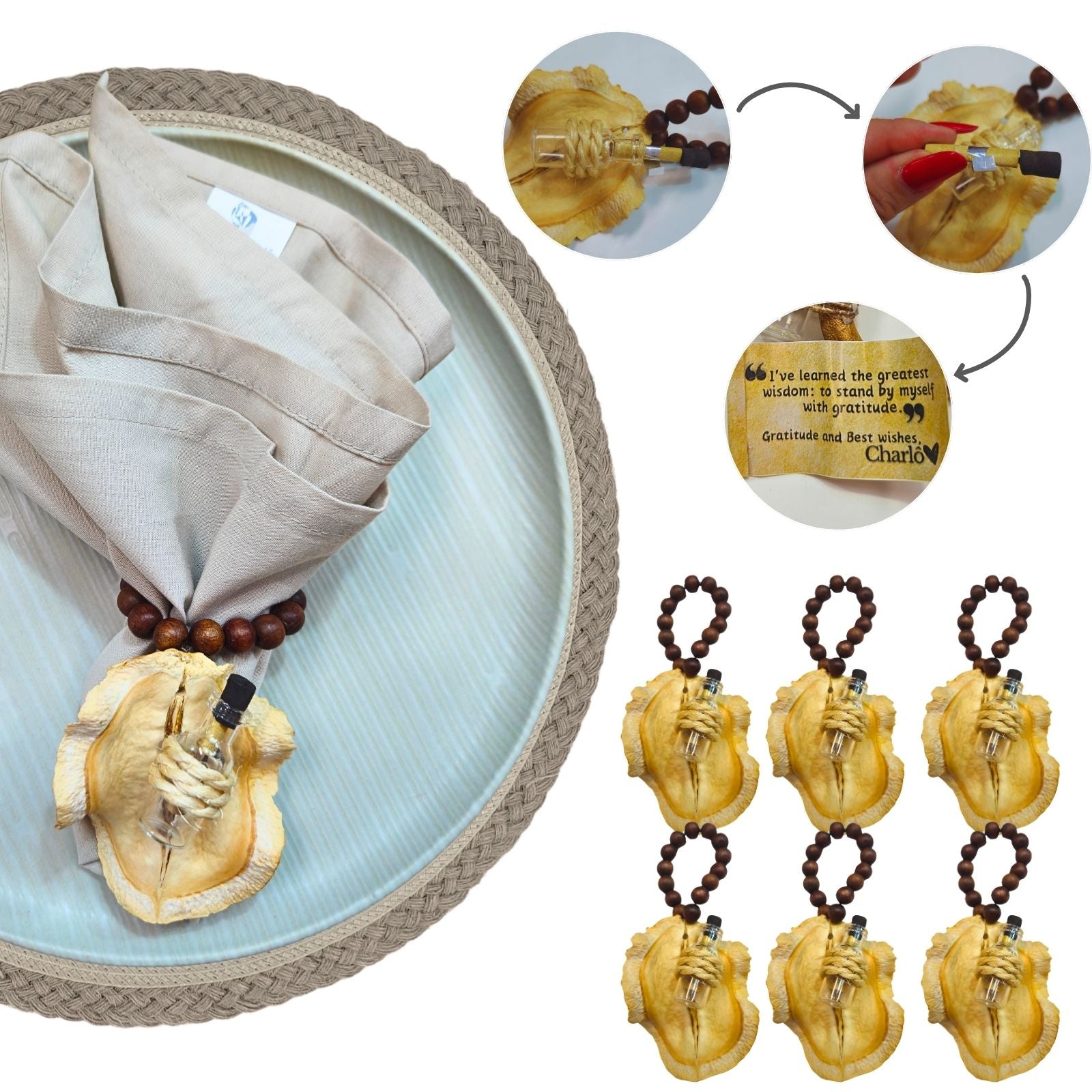 BIOJewelry Set of 6 Natural Jacaranda Seeds of Gratitude Napkin Rings Handmade for Dining Table, Parties