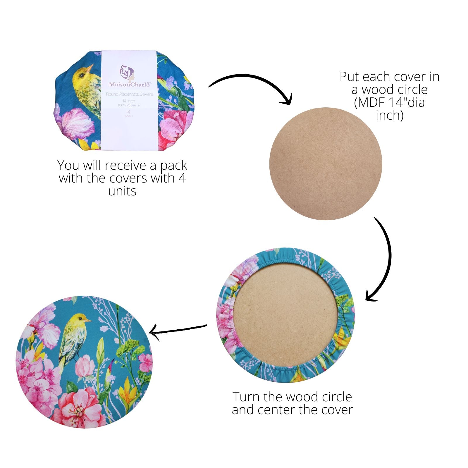 Set of 4 Round Placemats Covers Blue Bird Versailles 14 Dia inch