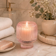 Pink Ribbed Glass Candle Holder – Transparent Decorative Votive