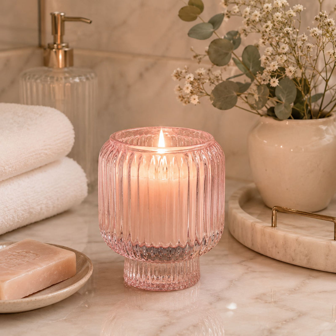 Pink Ribbed Glass Candle Holder – Transparent Decorative Votive