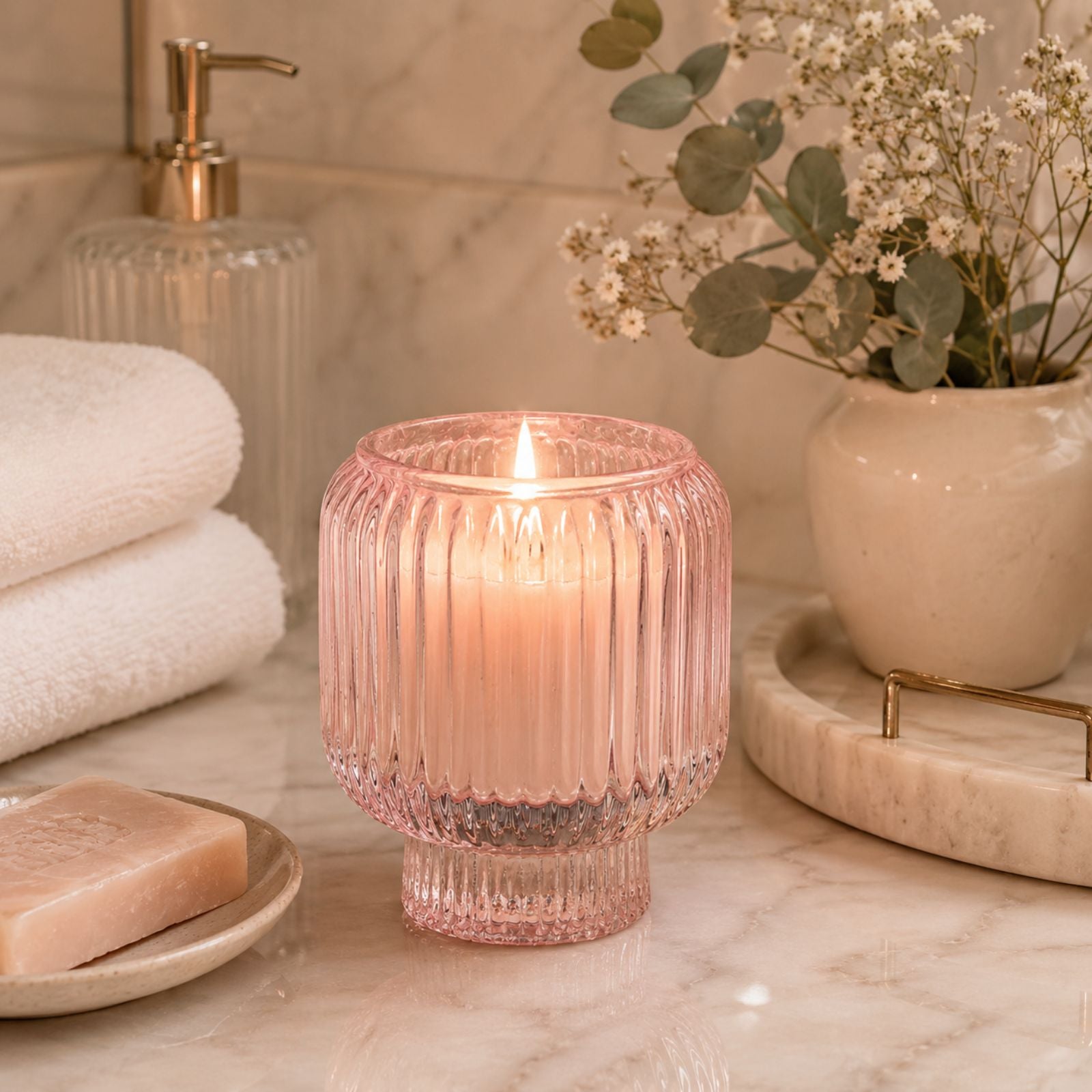 Pink Ribbed Glass Candle Holder – Transparent Decorative Votive