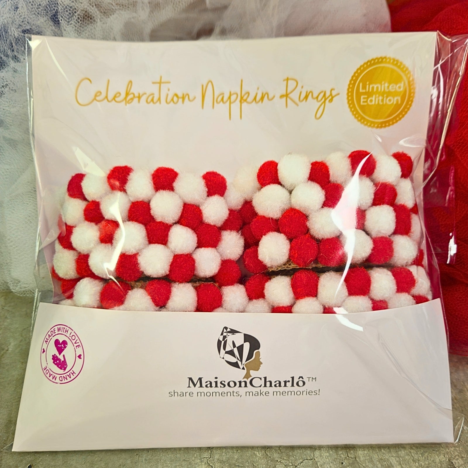 Charlo's Red & White Pom Pom Napkin Rings for Patriotic Holidays, Birthdays Dinner Table Decor