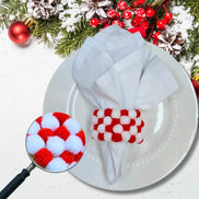 Charlo's Red & White Pom Pom Napkin Rings for Patriotic Holidays, Birthdays Dinner Table Decor