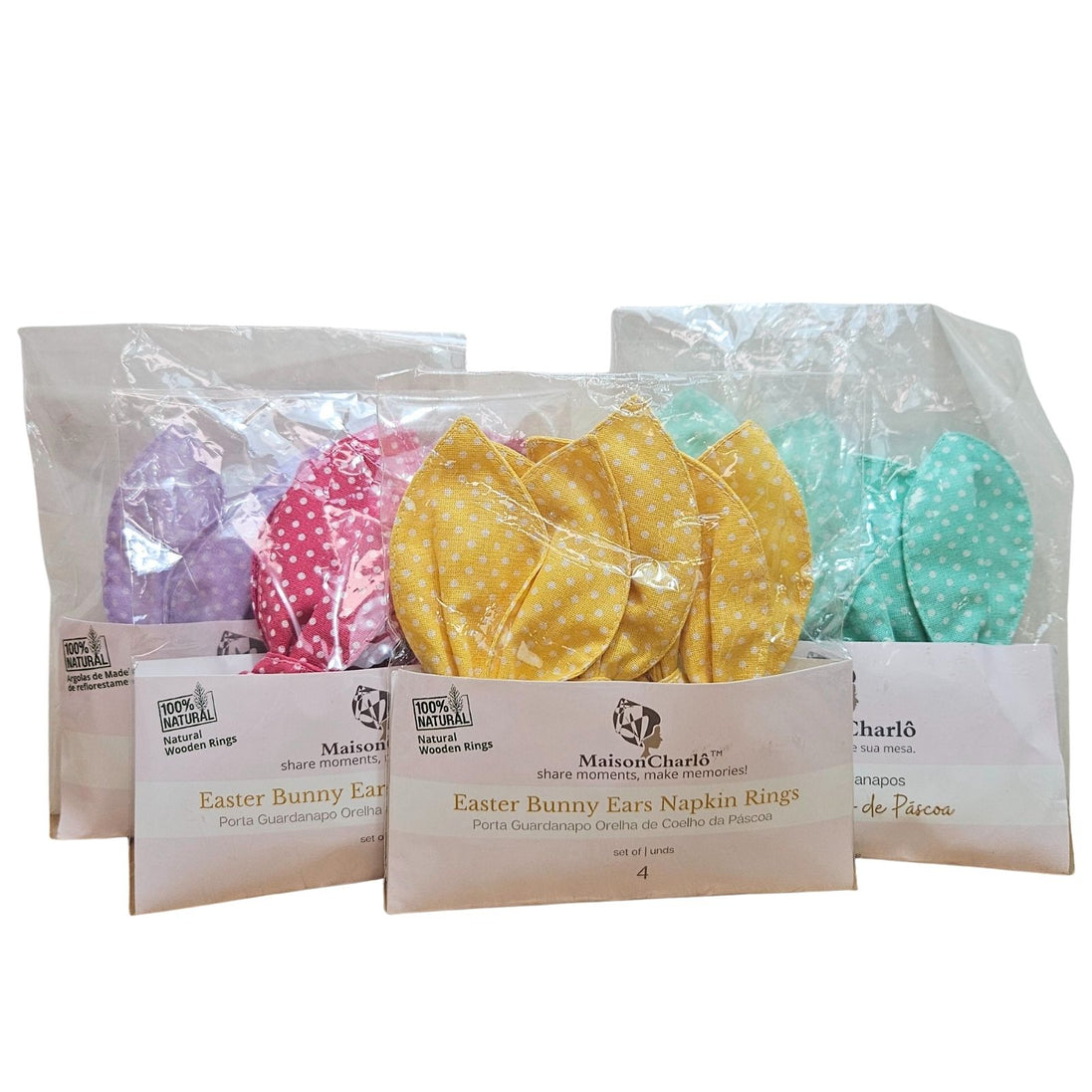 Maison Charlo | Easter Set of 4 Polka Dot Yellow  Bunny Ears Napkin Rings | Dining Table Decor