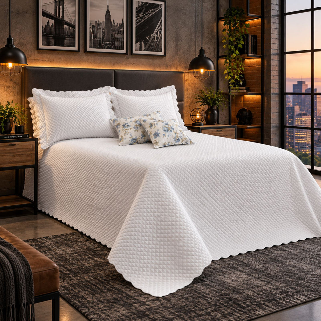 Maison Charlo Soft Florence Reversible Queen Bedspread Set – White – 5 Pieces